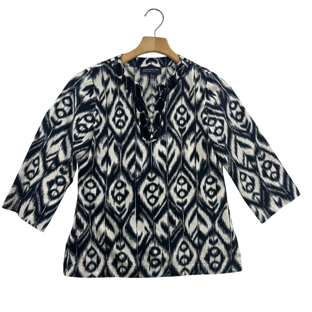 Jones New York Signature Petite Black White Beaded VNeck 3/4 Sleeve Tunic Top PS
